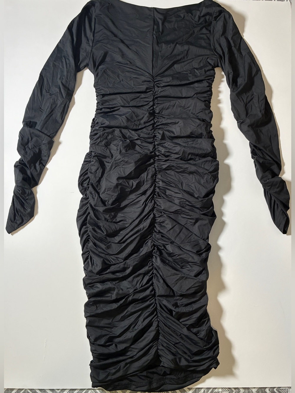 Black Ruched Long Sleeve Bodycon Midi Dress | Square Neck | Size M - Picture 9 of 9